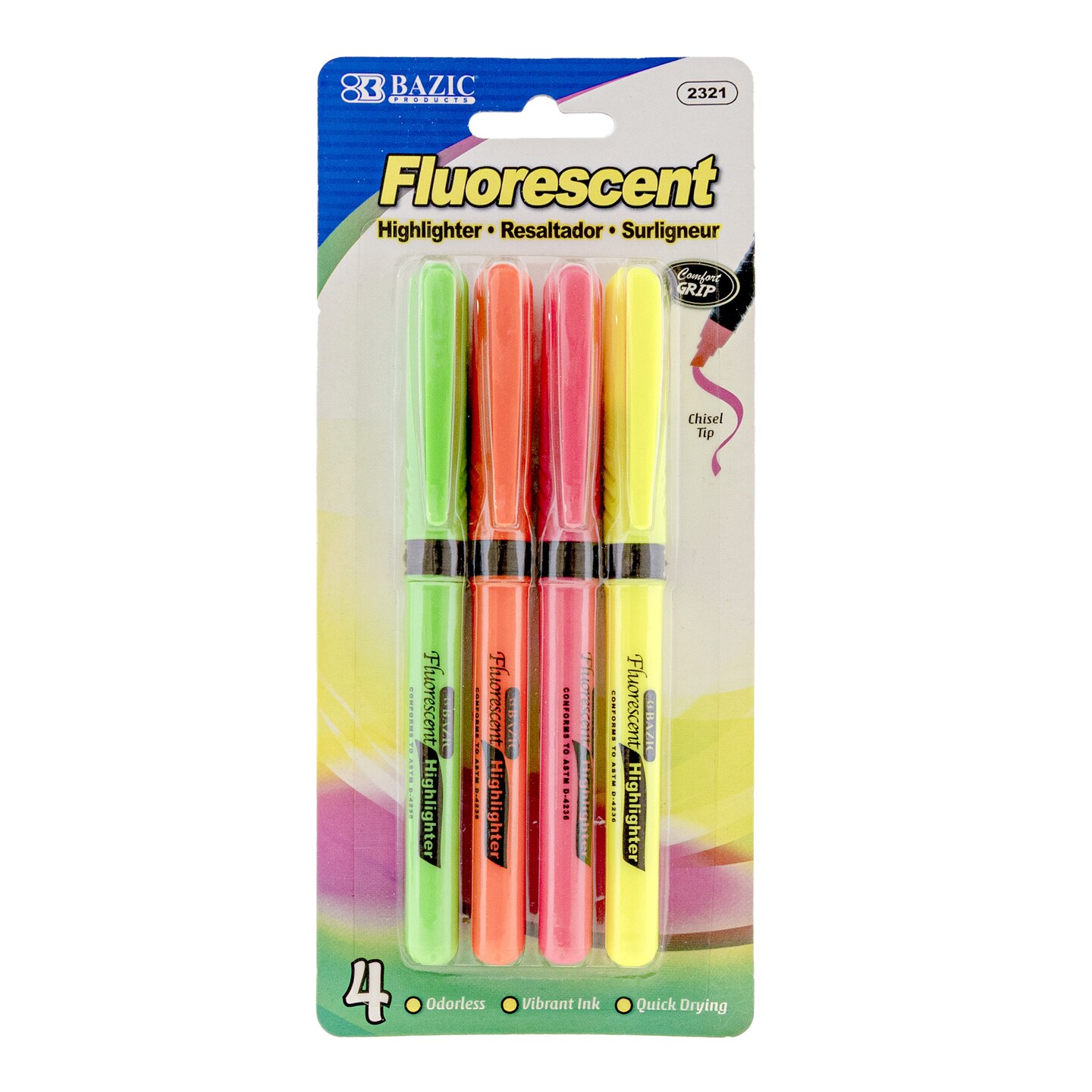 BAZIC Pen Style Fluorescent Highlighter Yellow w/ Cushion Grip (4/Pack)