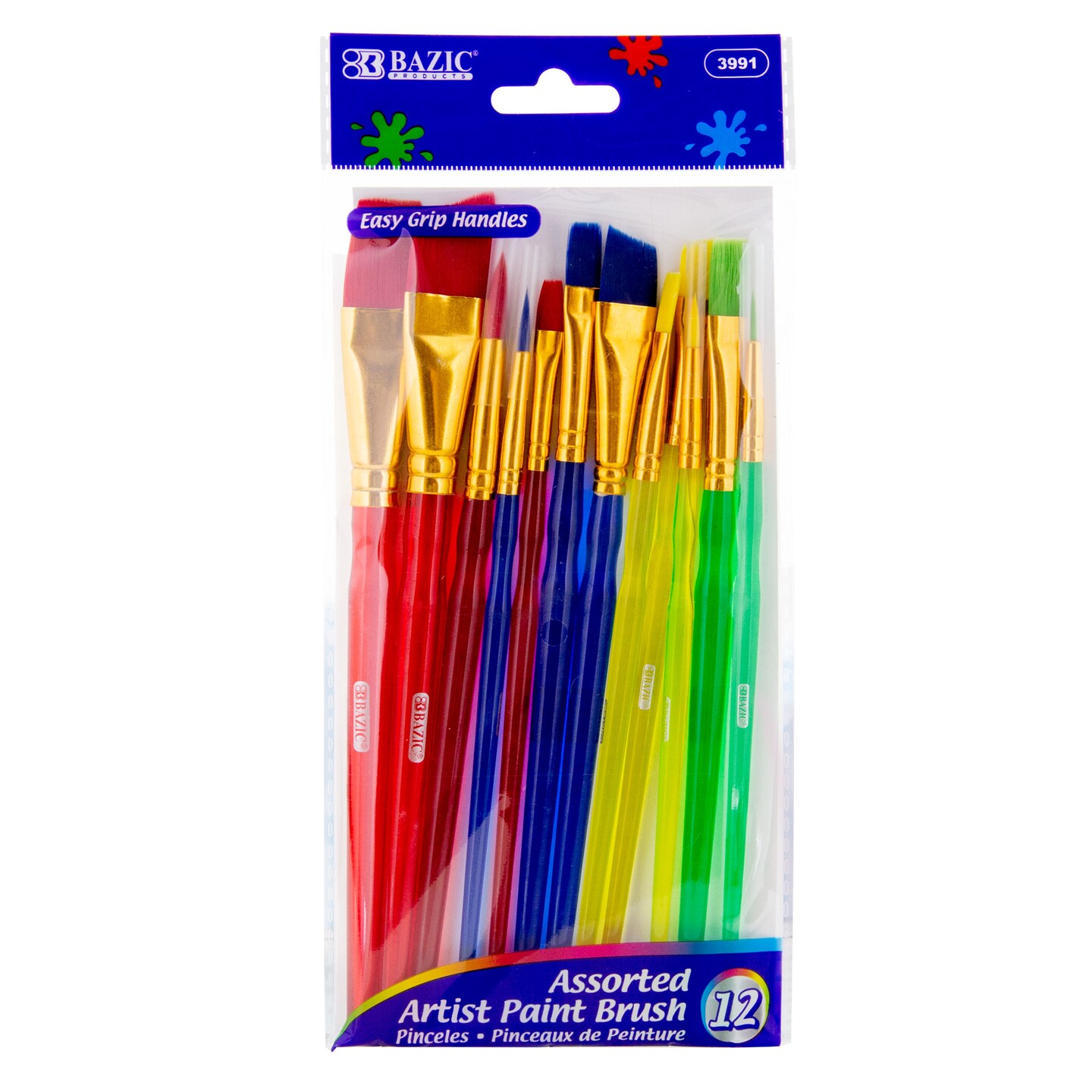 BAZIC Assorted Nylon Paint Brush Set w/ Translucent Handle (12/Pack)