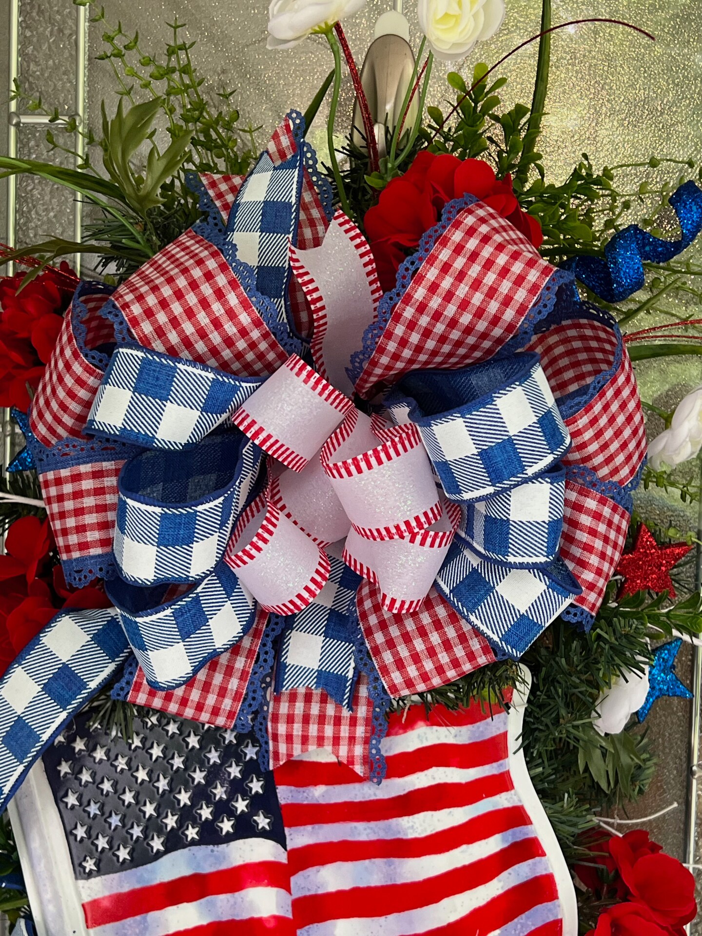 Patriotic Swag Wreath For Front Door, Red White and Blue With USA