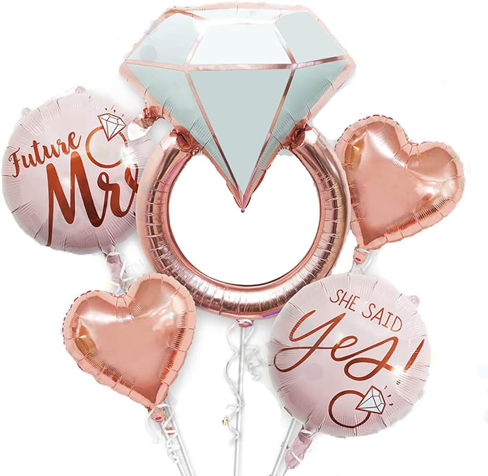 Diamond Ring Foil Balloon Set, 5pcs Bridal Shower Supplies for Bridal Shower Bride to be Party Wedding Engagement Decoration