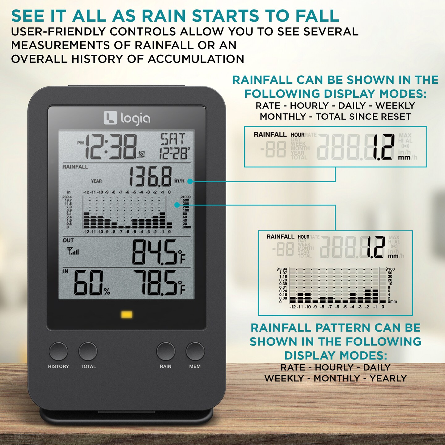 Logia 3-in-1 Weather Station With Rain Gauge and LCD Display