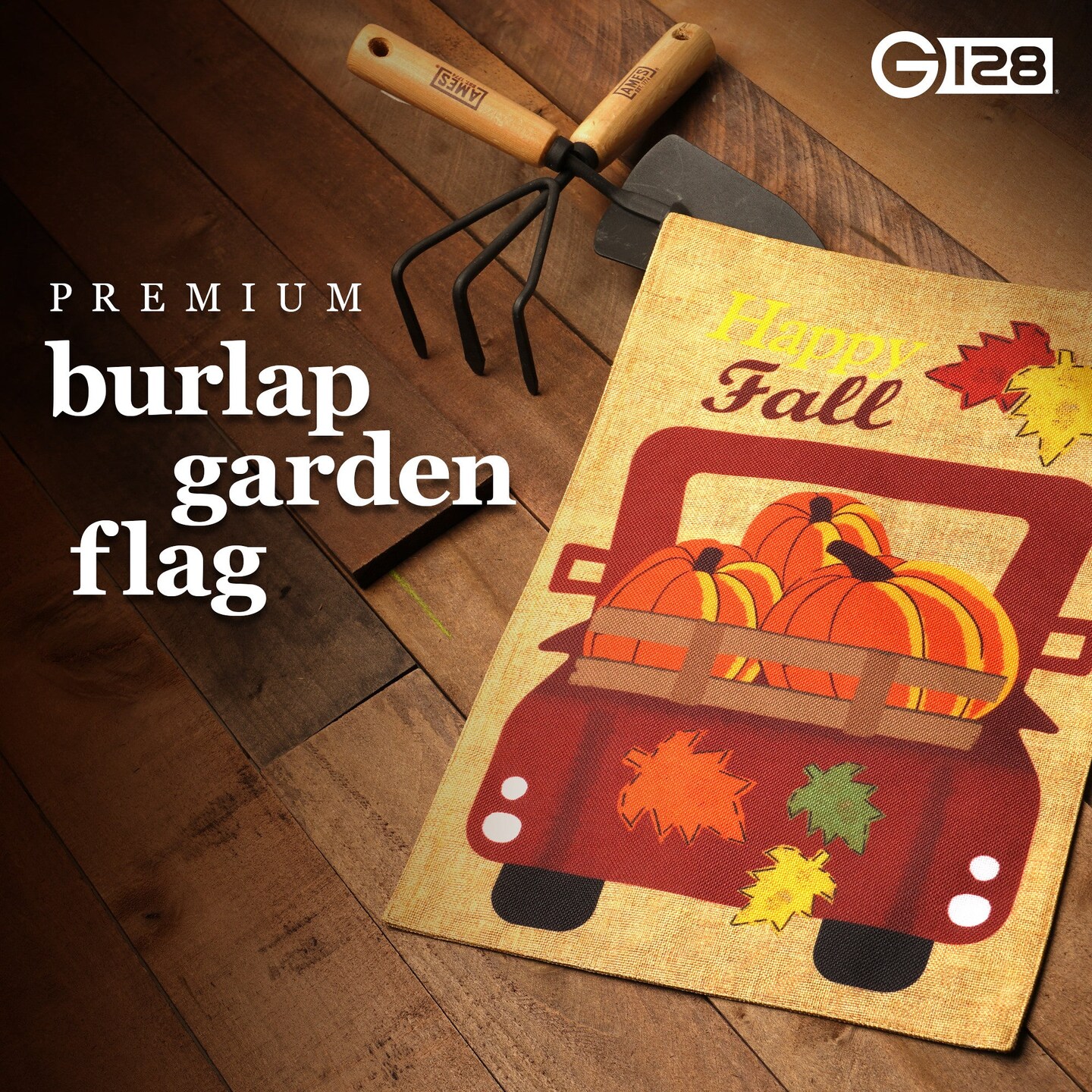 G128 Garden Flag Happy Fall Pumpkins in Truck Bed | 12x18 Inch | Printed Burlap Polyester - Fall Decoration