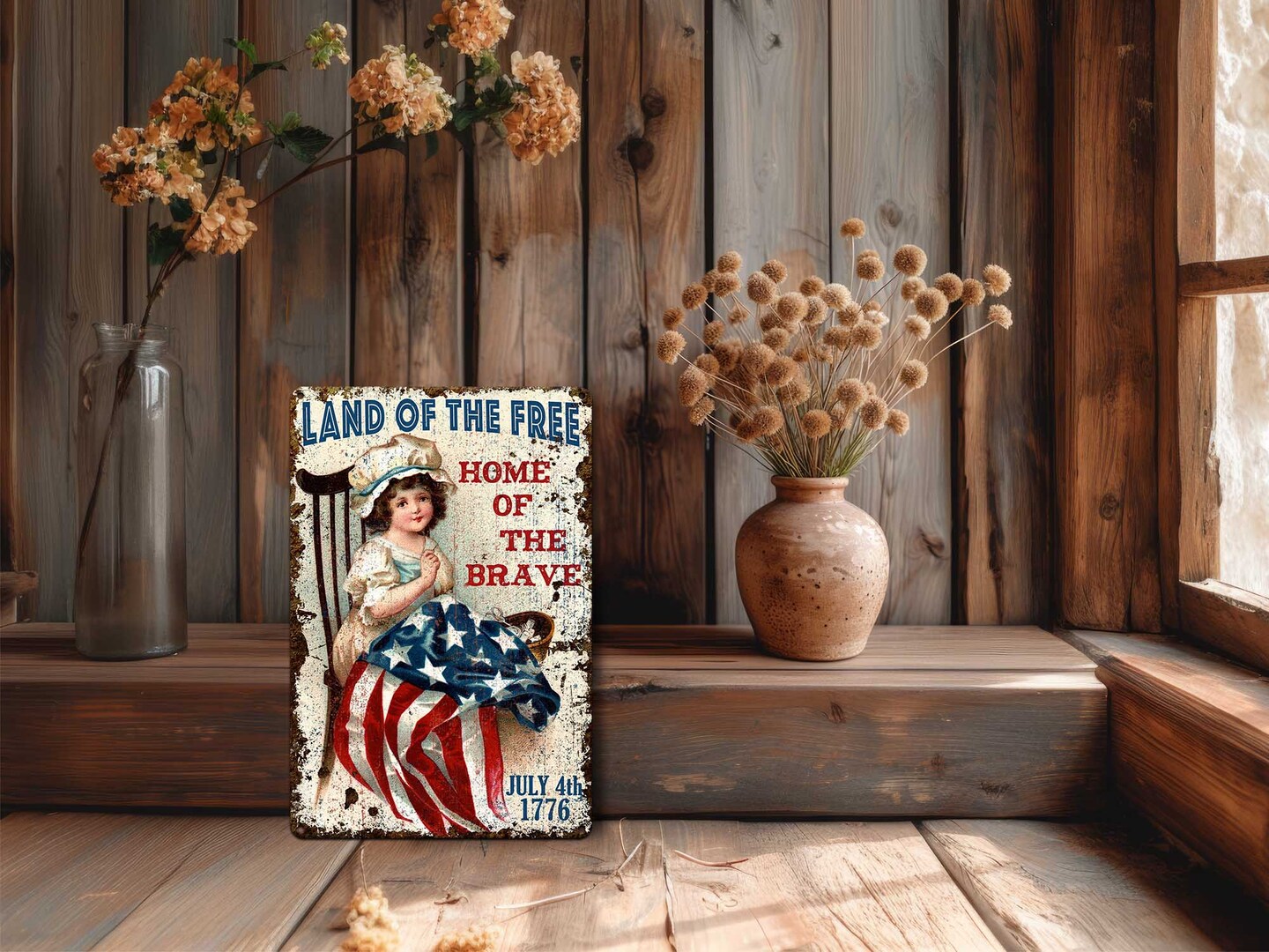 Printed Metal Vintage July 4th Card Sign Independence Day