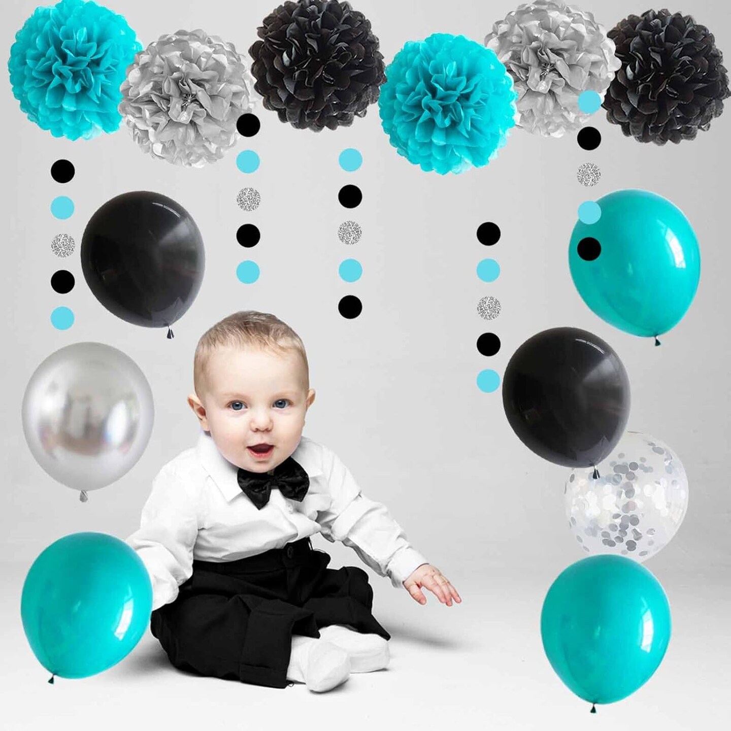 Black Teal Blue and Silver Happy Birthday Party Decorations Turquoise Aqua Balloons D&#xE9;cor Supplies Men Women Boys Girls 1st 2nd 3rd 16th 20th 25th 30th 35th 40th 45th 50th 60th 70th