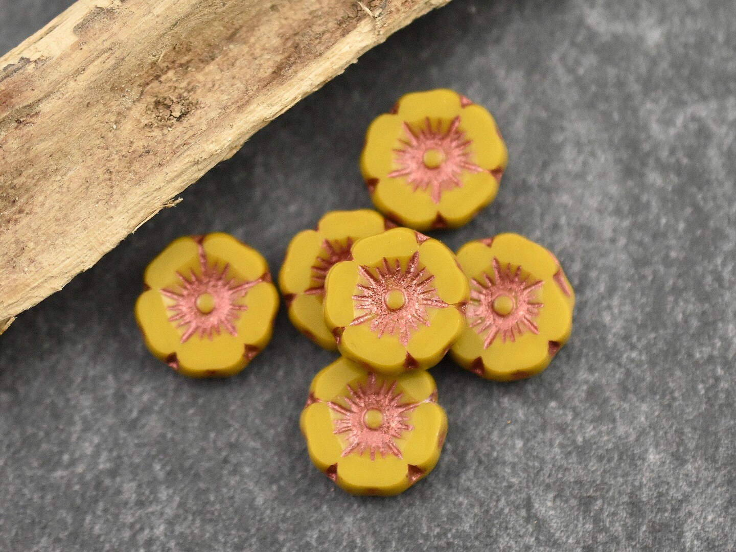 *12* 12mm Copper Washed Opaque Mustard Yellow Hawaiian Flower Beads