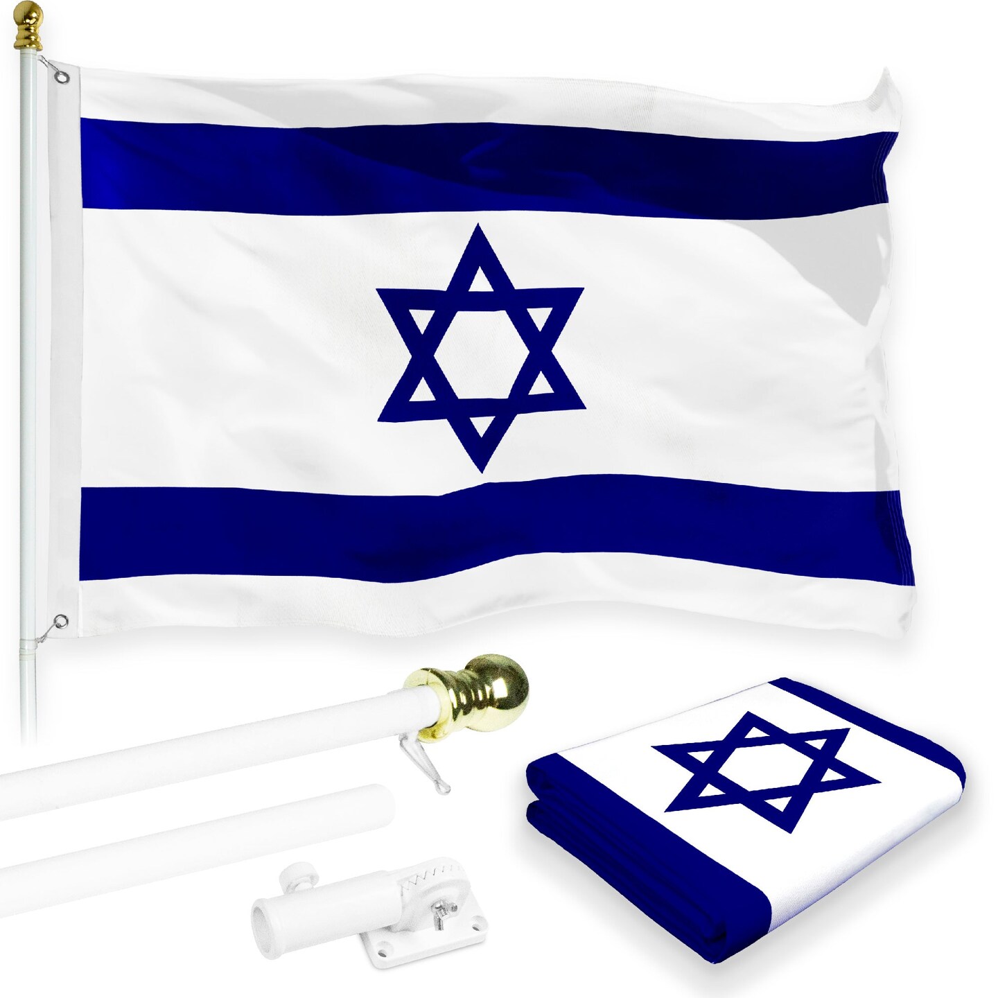 G128 Combo Pack: 6 Feet Tangle Free Spinning Flagpole (White) Israel Israeli Flag 3x5 ft Printed 150D Brass Grommets (Flag Included) Aluminum Flag Pole