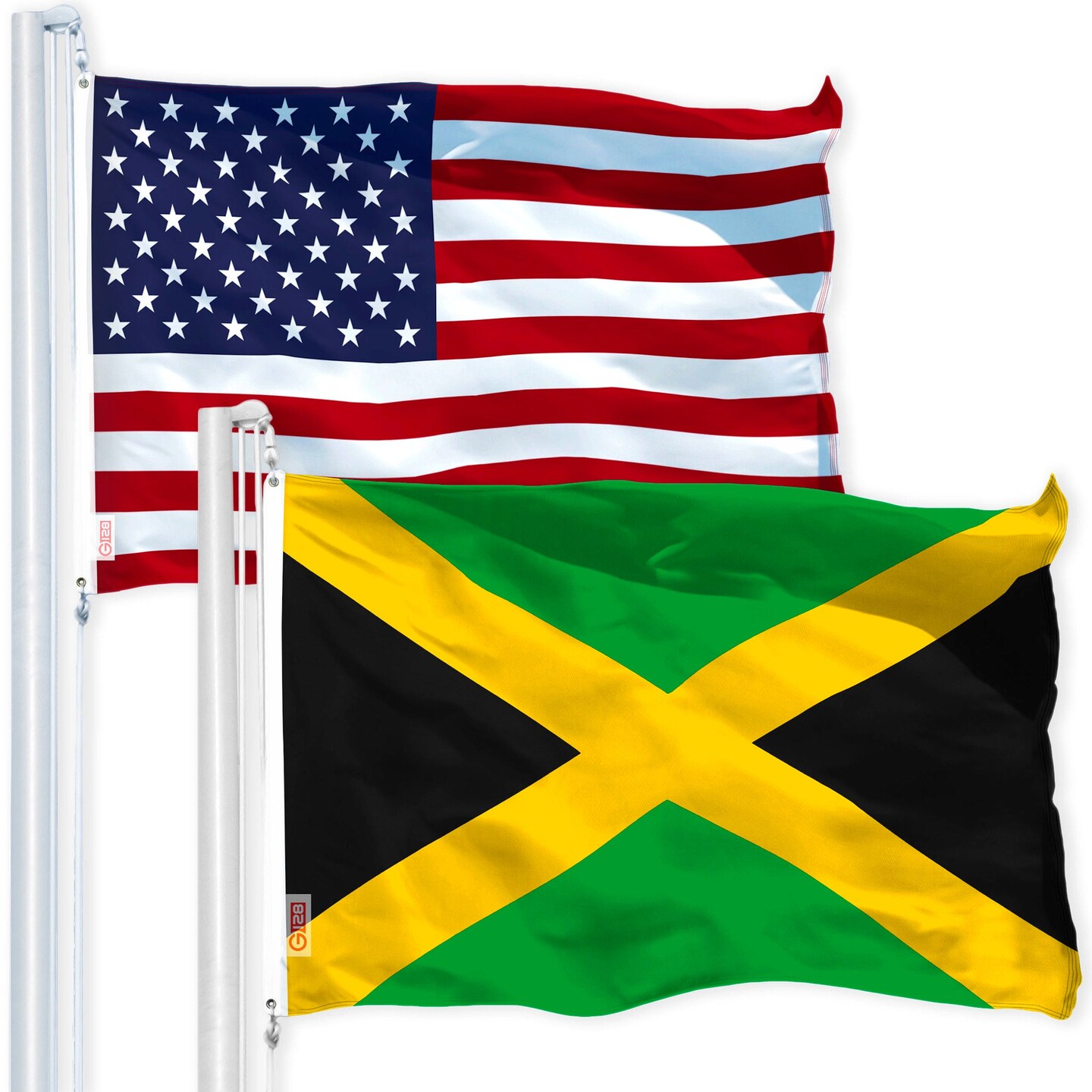 G128 Combo Pack: USA American Flag 3x5 Ft 150D Printed Stars &#x26; Jamaica (Jamaican) Flag 3x5 Ft 150D Printed