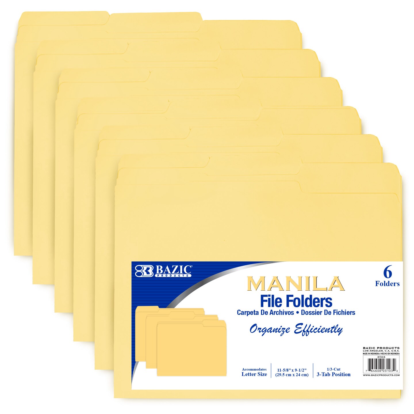 BAZIC Manila File Folder 1/3 Cut Letter Size (6/Pack)