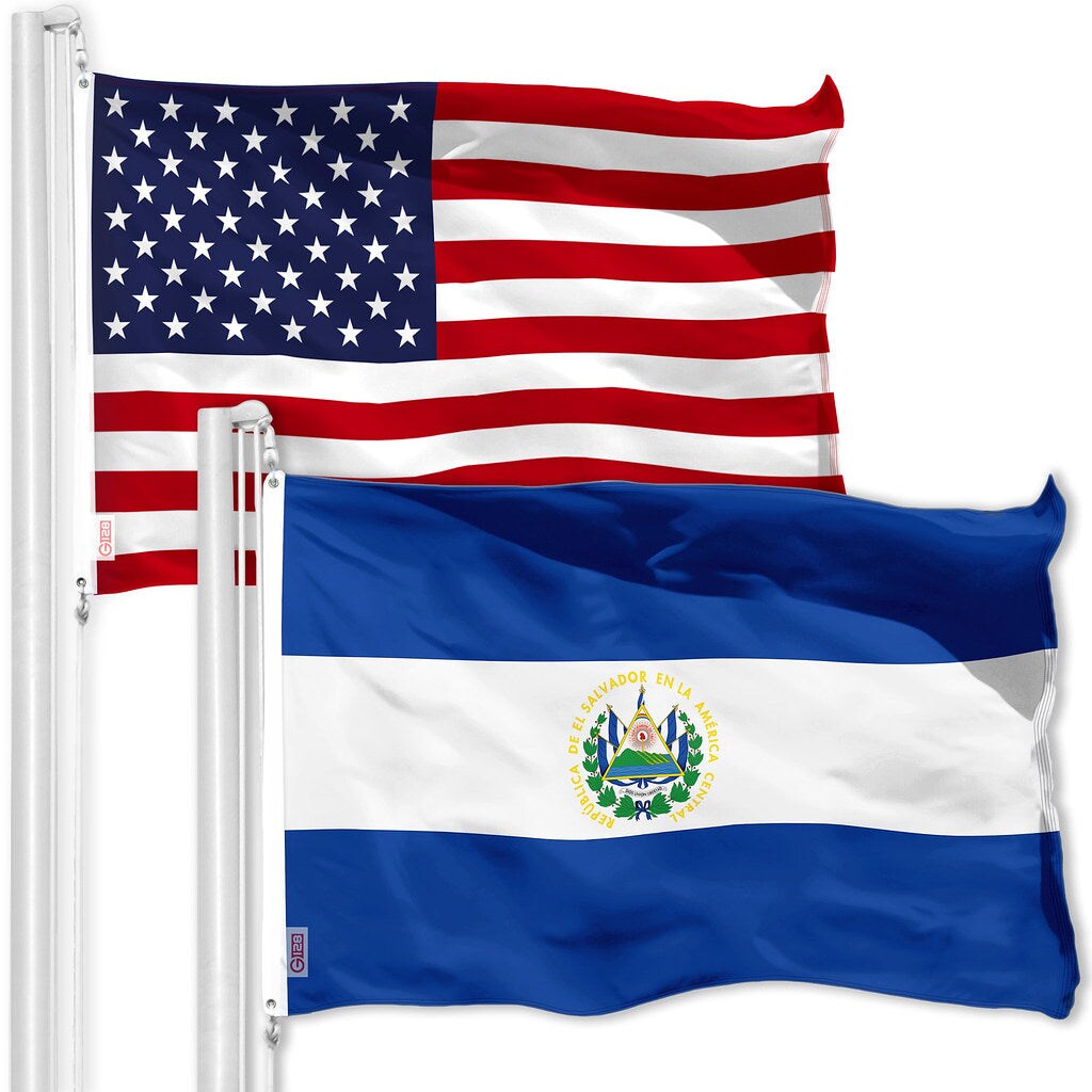 G128 Combo Pack: American USA Flag 3x5 Ft & El Salvador Flag 3x5 Ft, Both Printed 150D Polyester, Indoor/Outdoor, Brass Grommets