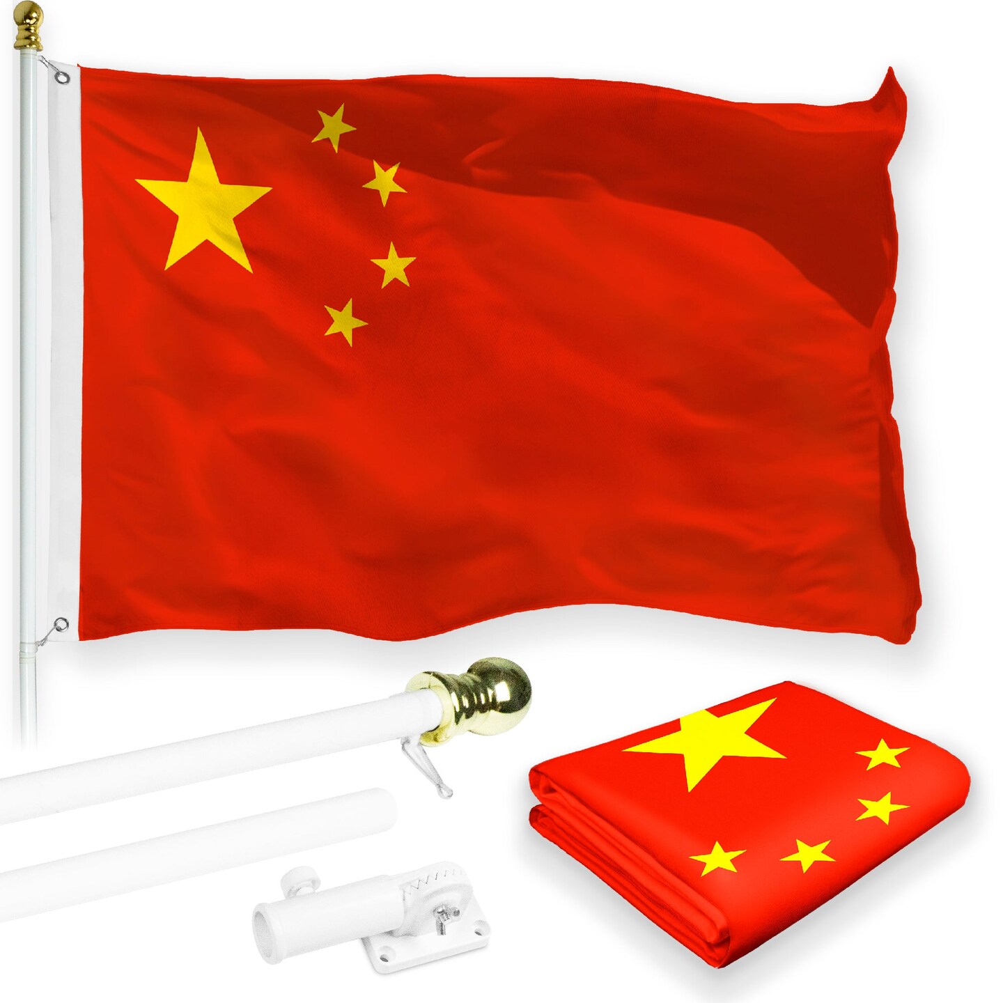G128 Combo Pack: 6 Feet Tangle Free Spinning Flagpole (White) China Chinese Flag 3x5 ft Printed 150D Brass Grommets (Flag Included) Aluminum Flag Pole