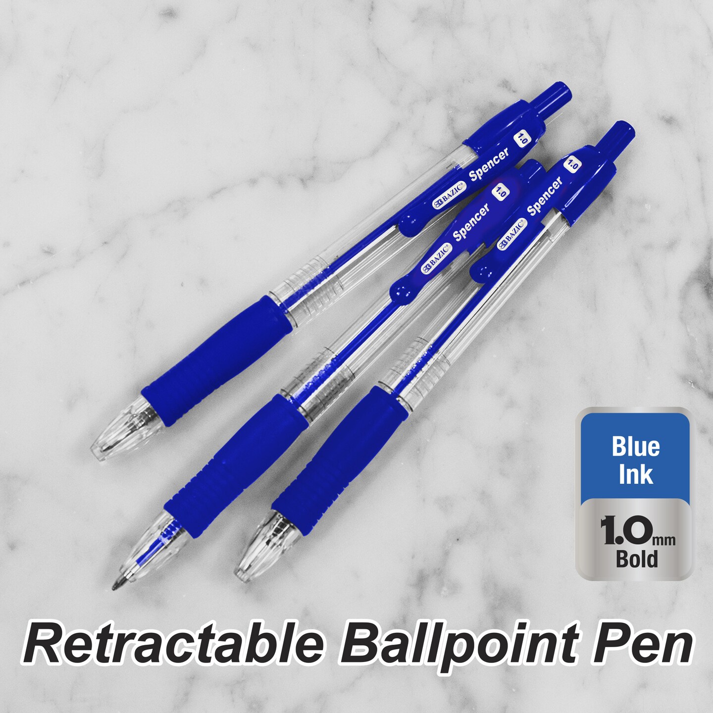 BAZIC Spencer Blue Retractable Pen w/ Cushion Grip (5/Pack)