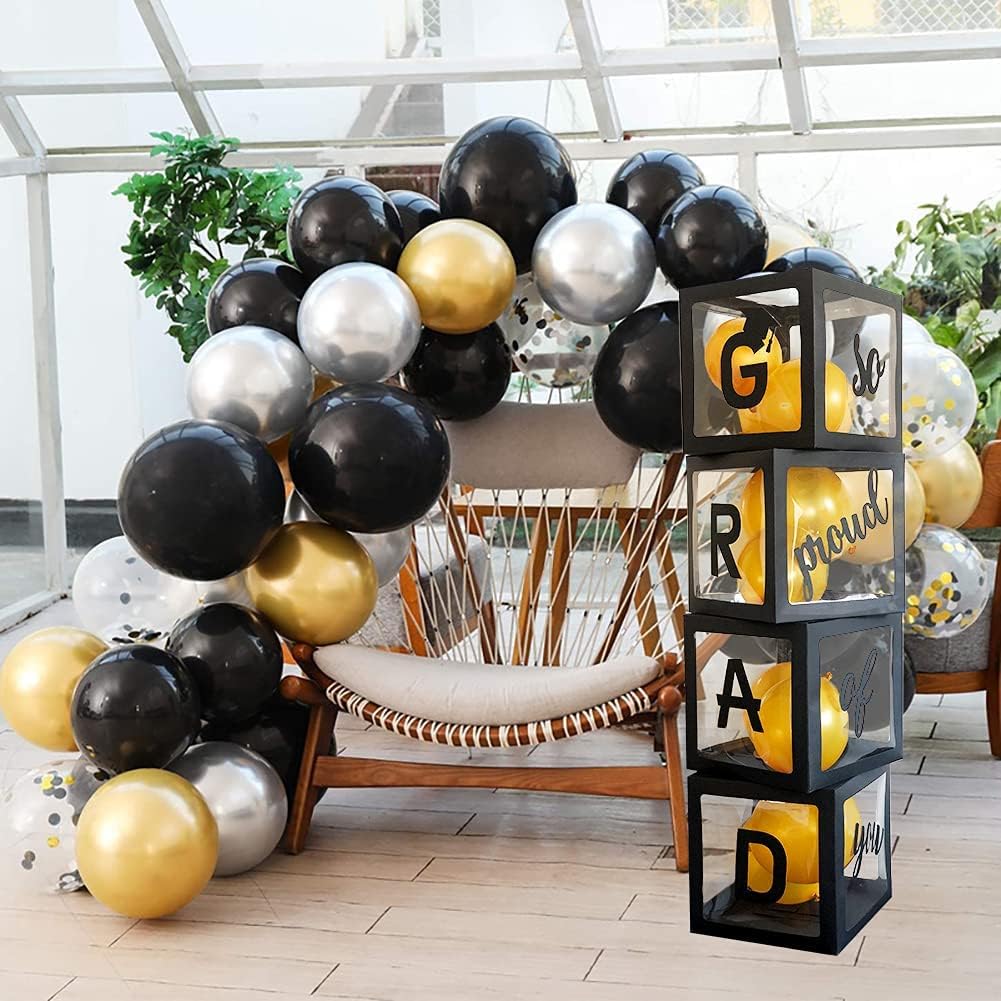 Balloons Boxes Grad So Proud of You Graduations 2024 for Graduation Party Decorations Supplies for Indoor/Outdoor Home Door D&#xE9;cor 4 Pcs Black Balloons Transparent Boxes(NO Balloons)