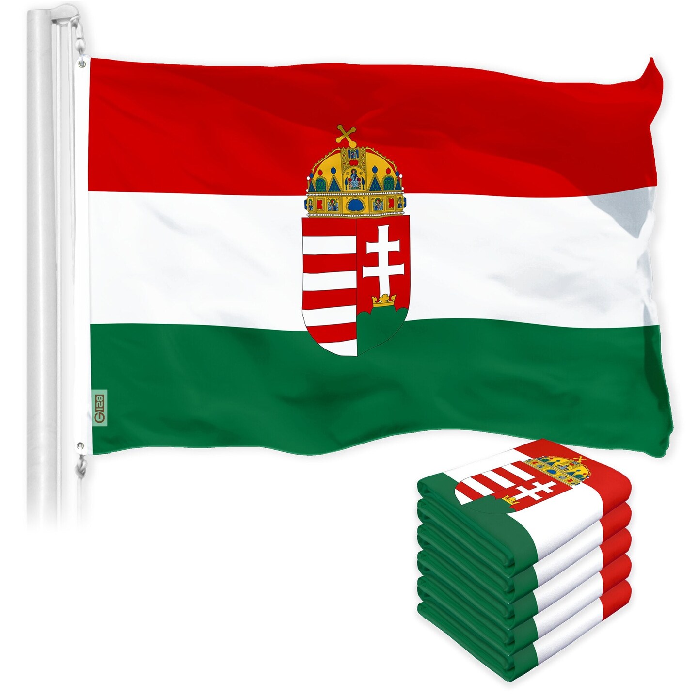 G128 5 Pack: Hungary Hungarian Coat of Arms Flag | 3x5 Ft | LiteWeave Pro Series Printed 300D Polyester | Country Flag, Vibrant Colors, Brass Grommets