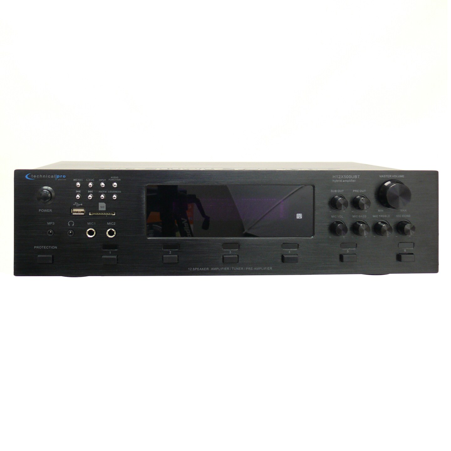 Technical Pro   6 Zone 6000 Watts Digital Bluetooth Hybrid Amplifier Preamp Tuner w/ Speaker USB and SD Card Output 2 Mic