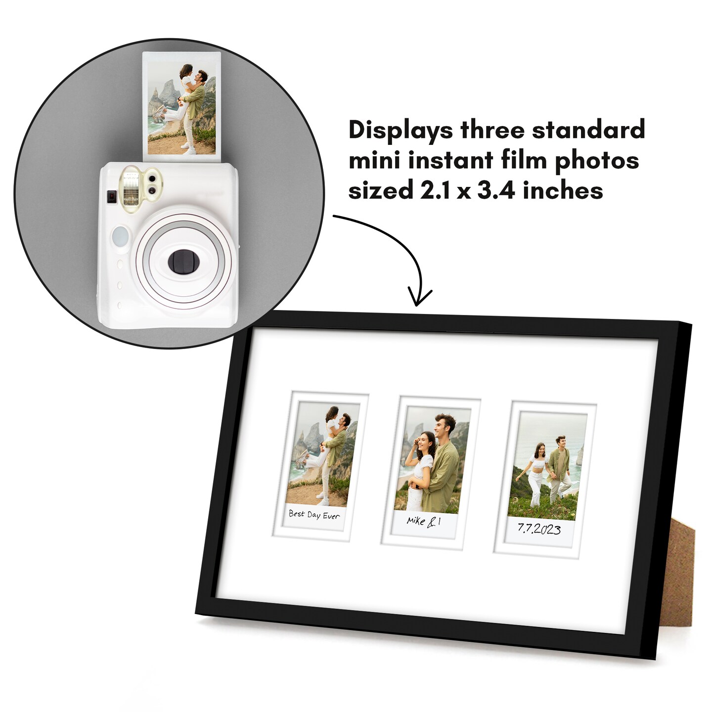 Americanflat 7x12 Mini Instant Photo Collage Picture Frame with 3 Openings for 2.1x3.4 Photos - Double White Mat - Instax Mini Photo Frame - Shatter Resistant Glass - Hanging Hardware with Easel - Black