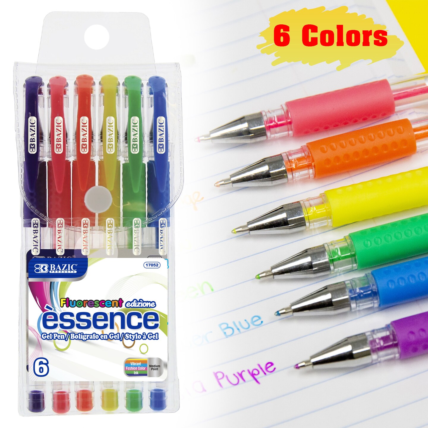 BAZIC Essence Gel Pen 6 Fluorescent Color w/ Cushion Grip