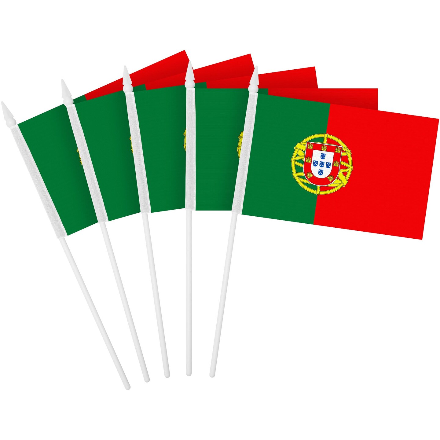 G128 30 Pack Handheld Portugal Portuguese Stick Flags | 4x6 In | Printed 150D Polyester, Country Flag, Solid Plastic Stick, Spear White Tip