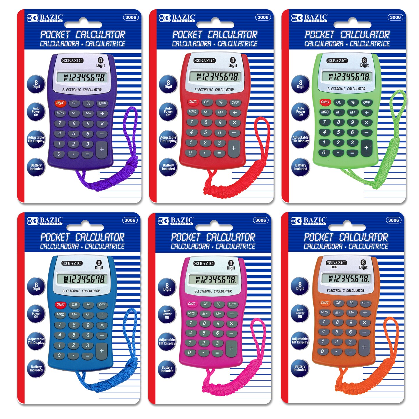 BAZIC Pocket Size Calculator 8-Digit w/ Neck String