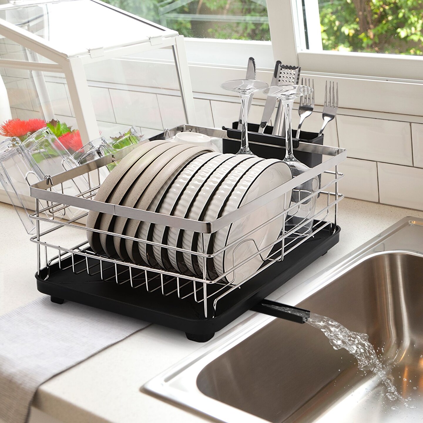 Countertop Dish Drying Rack, Stainless Steel Dish Drainer with Utensil Holder