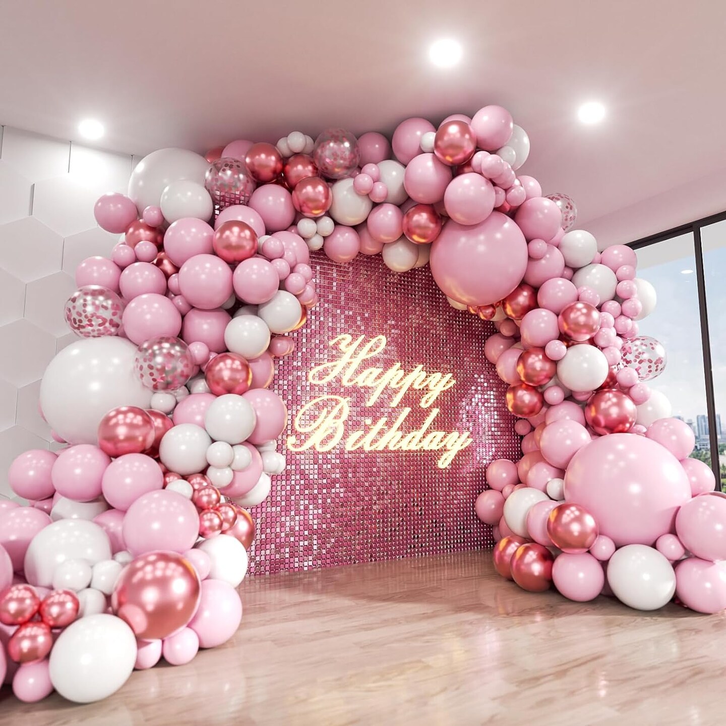 Pink Balloon Arch Kit, 140Pcs Pastel Light Metallic Pink and White Balloons with Pink Confetti Balloon Garland Kit for Birthday, Wedding, Engagements, Baby Shower, Anniversary Party Decoration