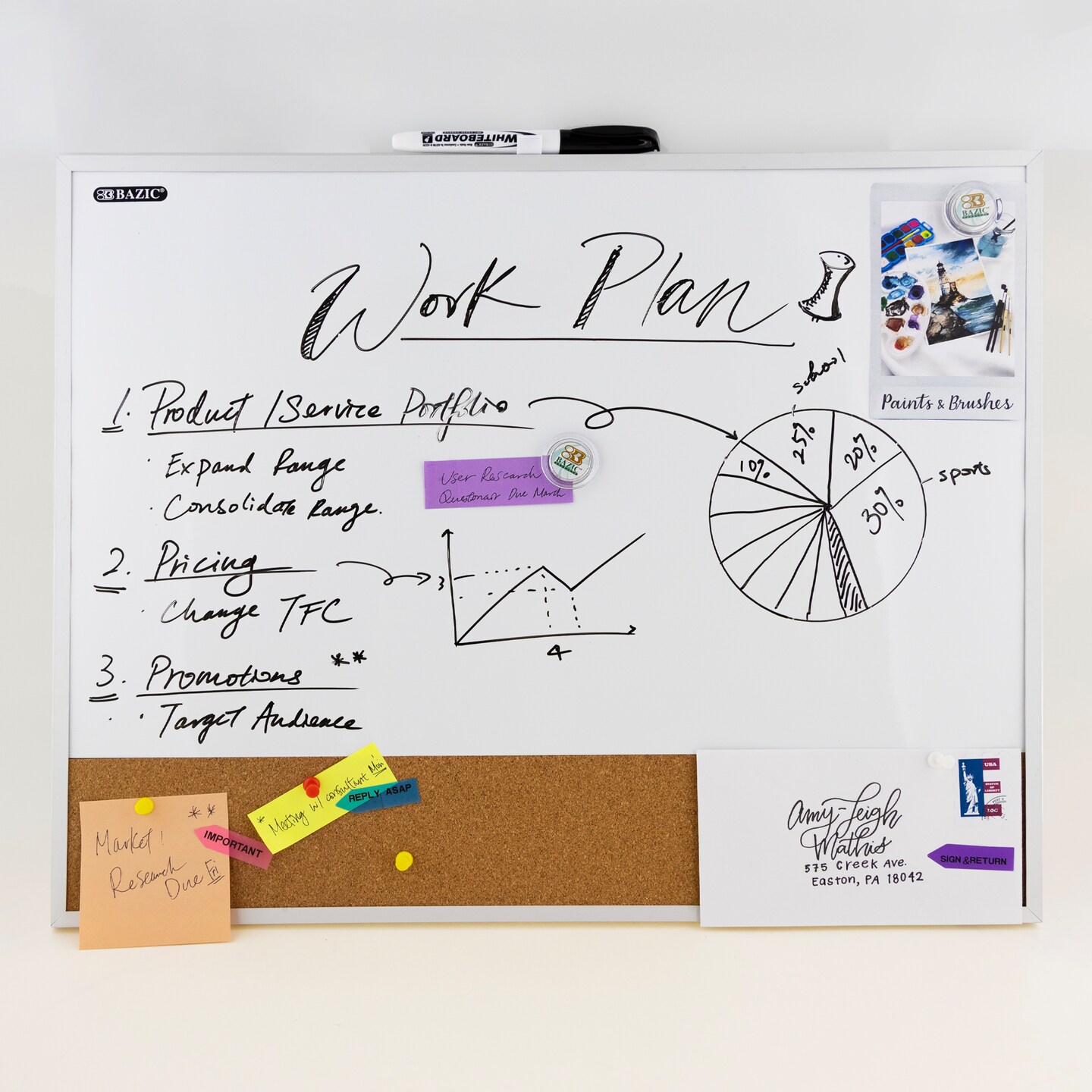 BAZIC METALLIQUE Aluminum Framed Magnetic Dry Erase/Cork Combo Board 16" X 20"