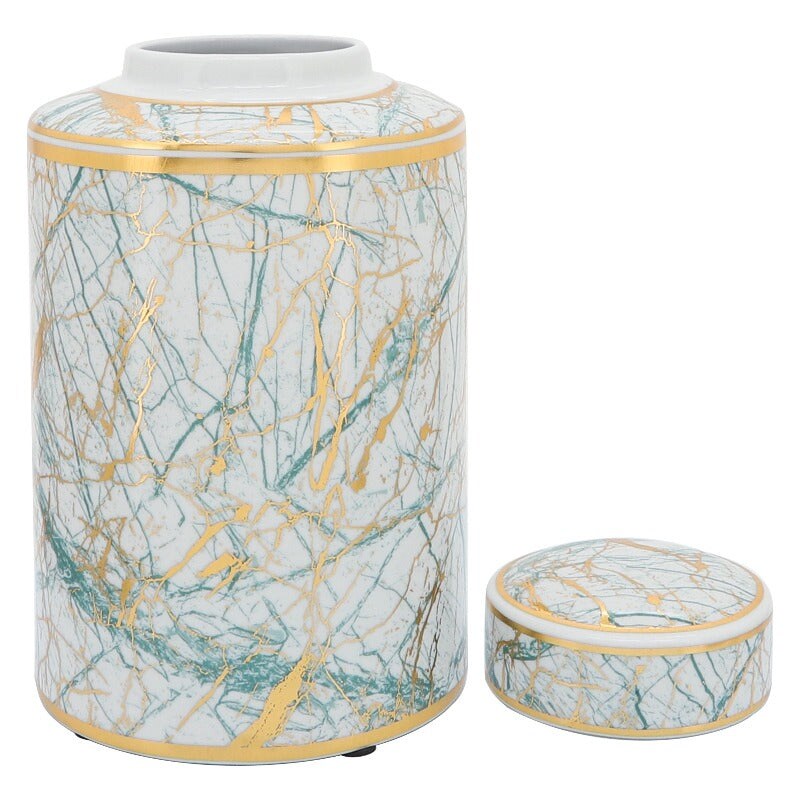 Lolita Ceramic Green, Gold White Marble Jar With Lid 12'' 16''