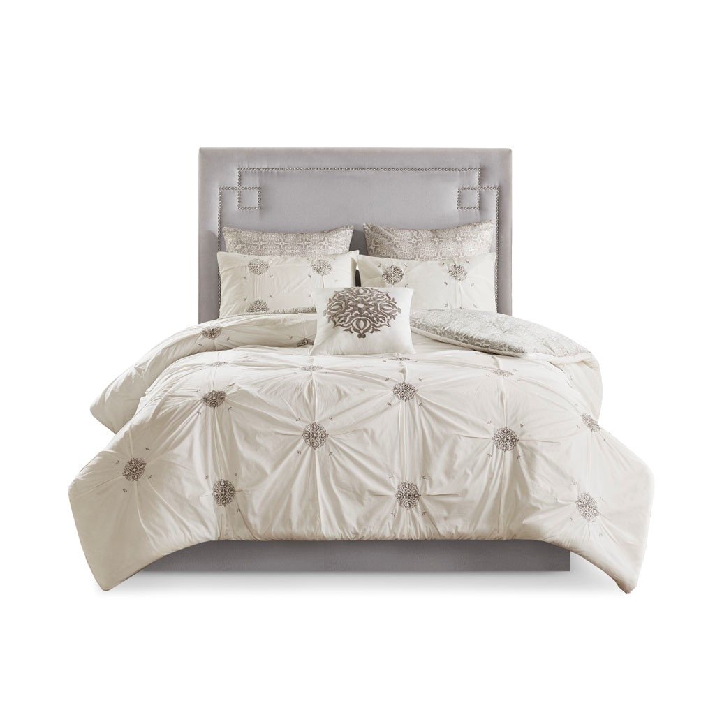 Gracie Mills Donna Chic Reversible Comforter Set Grey Ivory 6-Piece Cotton Grace-12206