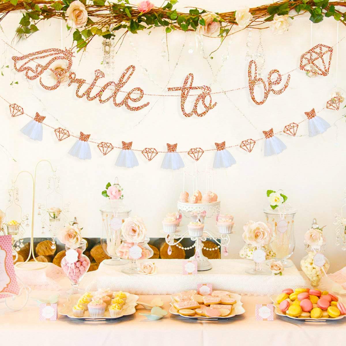 Rose Gold Bride To Be Banner Sign Double Sided Glitter Paper 3D Wedding Dress Diamond Bride Garland Bunting for Bridal Shower Wedding Engagement Bachelorette Hen Party Decorations Supplies
