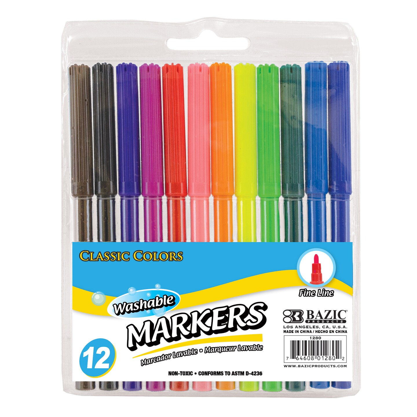 BAZIC Fine Line 12 Classic Colors Washable Markers