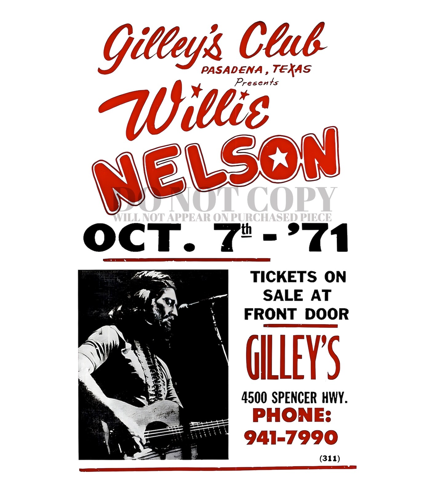 Willie Nelson Concert Poster 11 X 17 - Gilley's Club - Live 1971