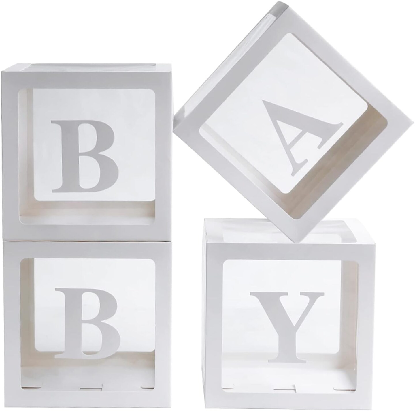 Baby Boxes with Letters for Baby Shower,4 Pcs Clear Balloon boxes with16 Letters Transparent Baby Shower Decorations Block Boxes for Birthday,Gender Reveal,Wedding&#xFF0C;Reusable Favors In Gift box