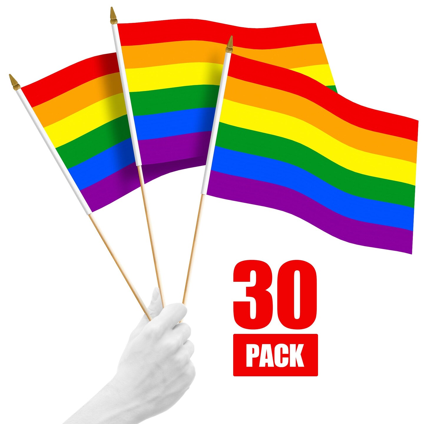 G128 30 Pack Handheld LGBT Rainbow Pride Stick Flags | 12x18 In | Printed 150D Polyester, Country Flag, Solid Wooden Stick, Spear Gold Tip