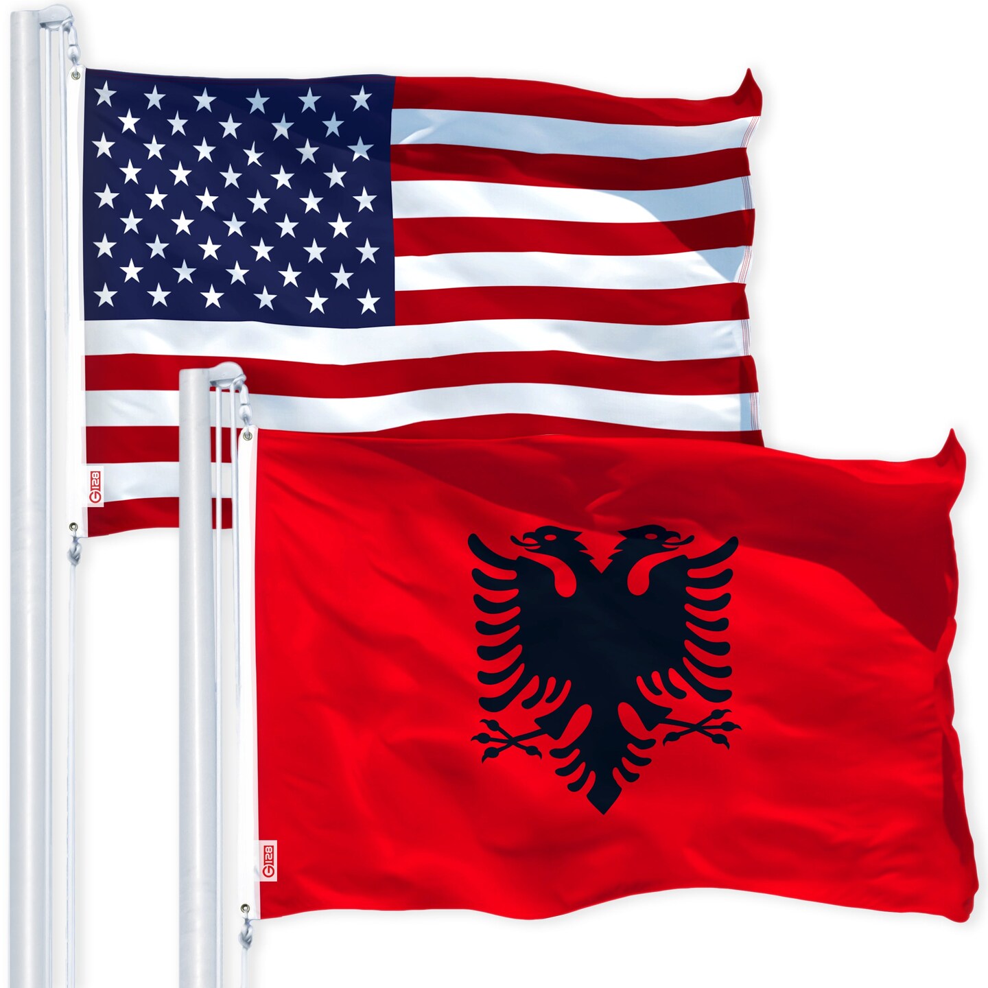 G128 Combo Pack: USA American Flag 3x5 Ft 150D Printed Stars &#x26; Albania Flag 3x5 Ft 150D Printed