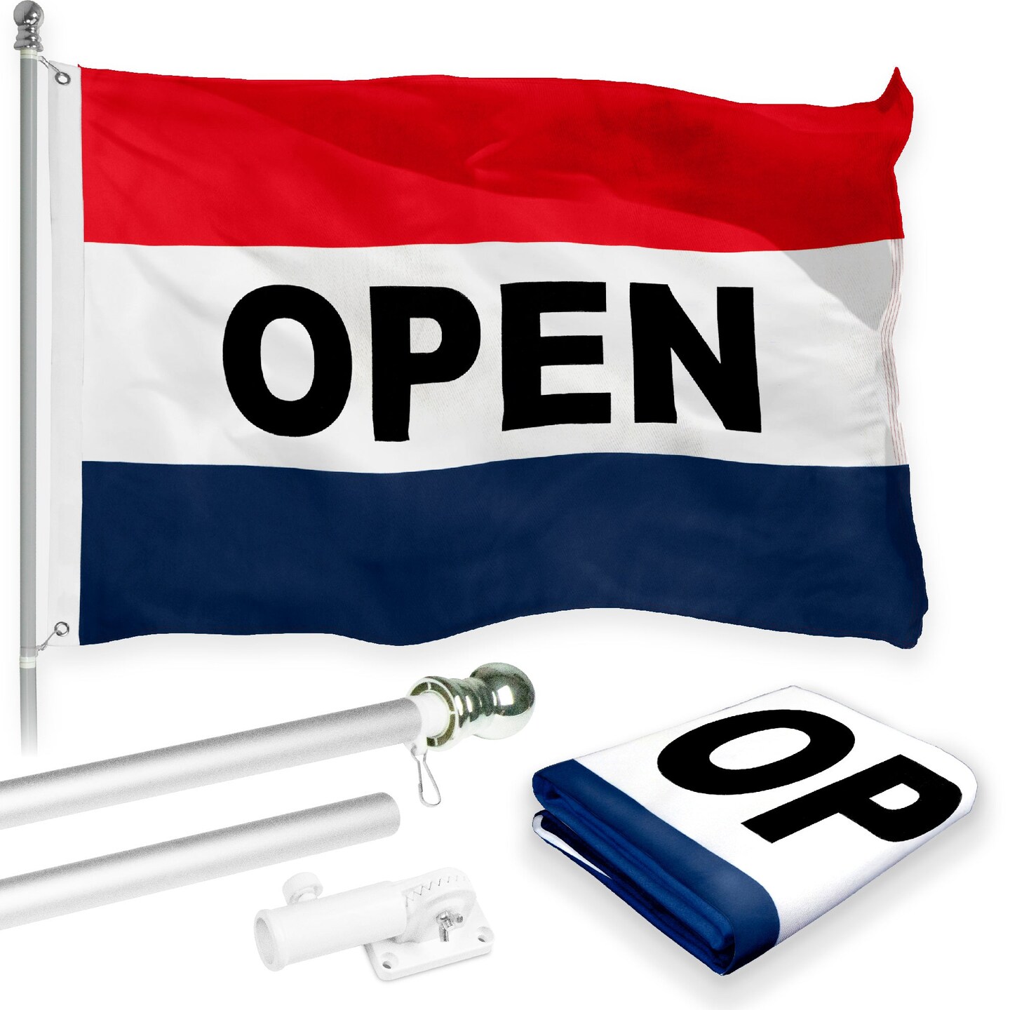 G128 Combo Pack: 6 Feet Tangle Free Spinning Flagpole (Silver) Open Flag 3x5 ft Printed 150D Brass Grommets (Flag Included) Aluminum Flag Pole
