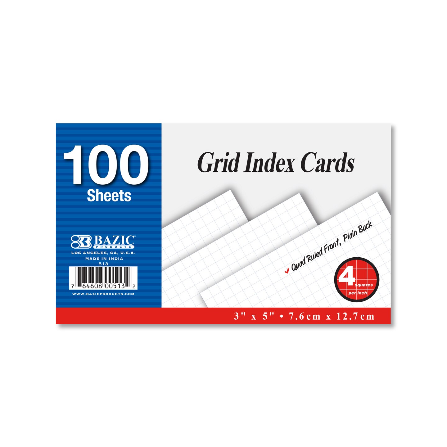 BAZIC Quad Ruled 4-1&#x22; White Index Card 3&#x22; X 5&#x22; 100 Ct.