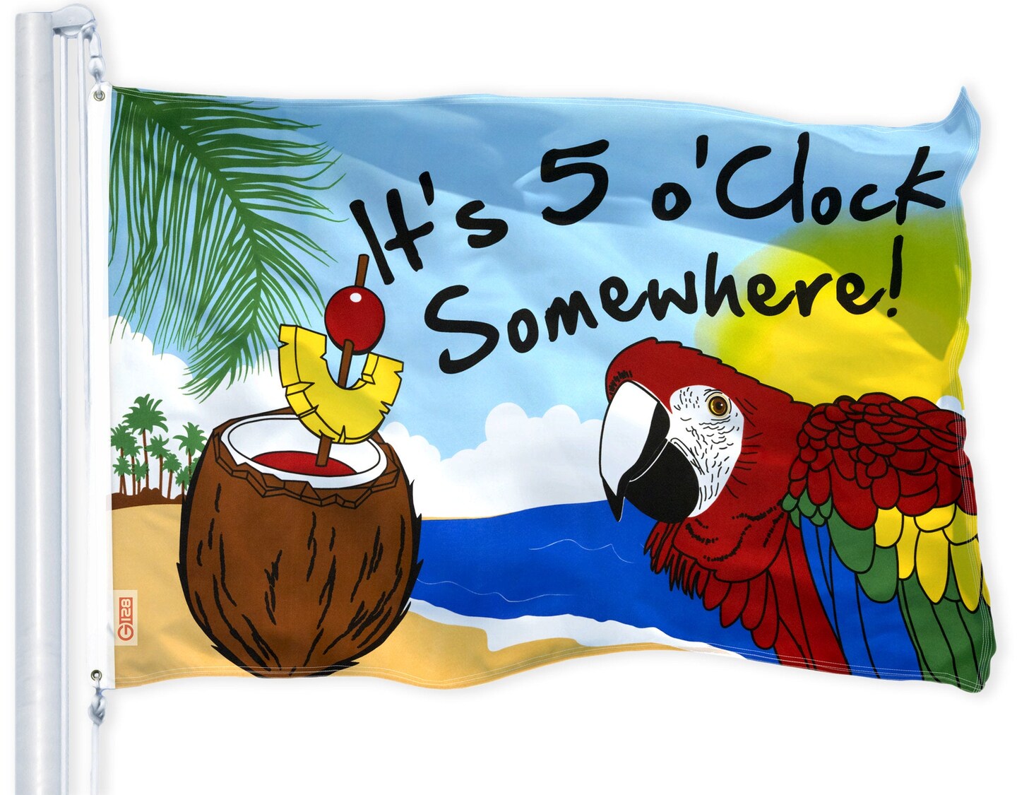 G128 - It&#x27;s 5 O&#x27;Clock Somewhere Flag 3x5 FT Printed Brass Grommets 150D Polyester Indoor/Outdoor - Novelty Flag, Much Thicker More Durable Than 100D 75D Polyester