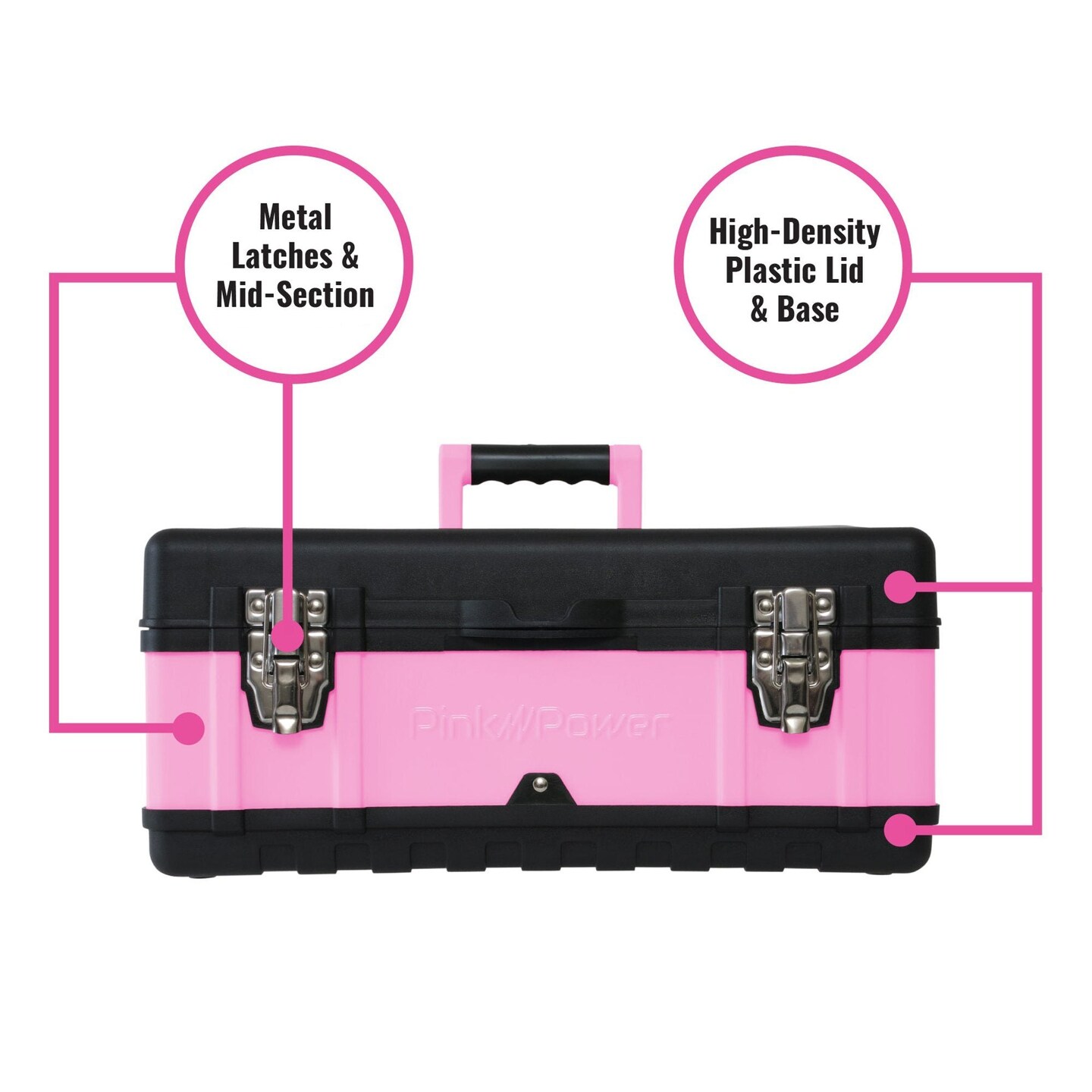 Pink Power Pink Tool Box for Women - 18" Small Metal & Plastic Portable Lightweight Pink Locking Empty Toolbox Chest - Craft Tote Storage Tool Case Organizer for Ladies Pink Tool Set Kit