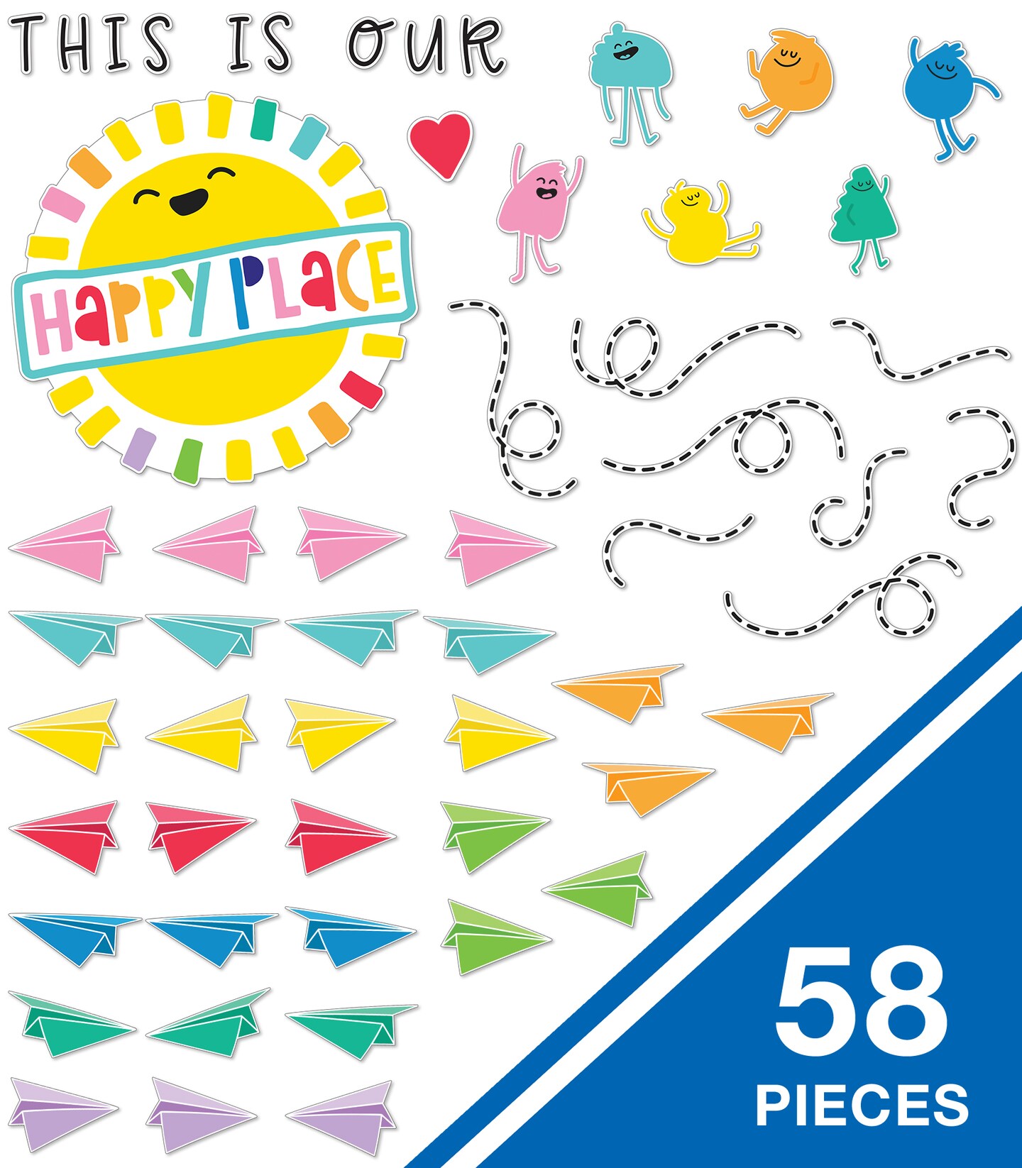 Carson Dellosa This is Our Happy Place Bulletin Board Set, Rainbow Classroom Decorations With Heart and Paper Airplane Bulletin Board Cutouts for Wall Decor, Colorful Classroom Decor (58 pc)