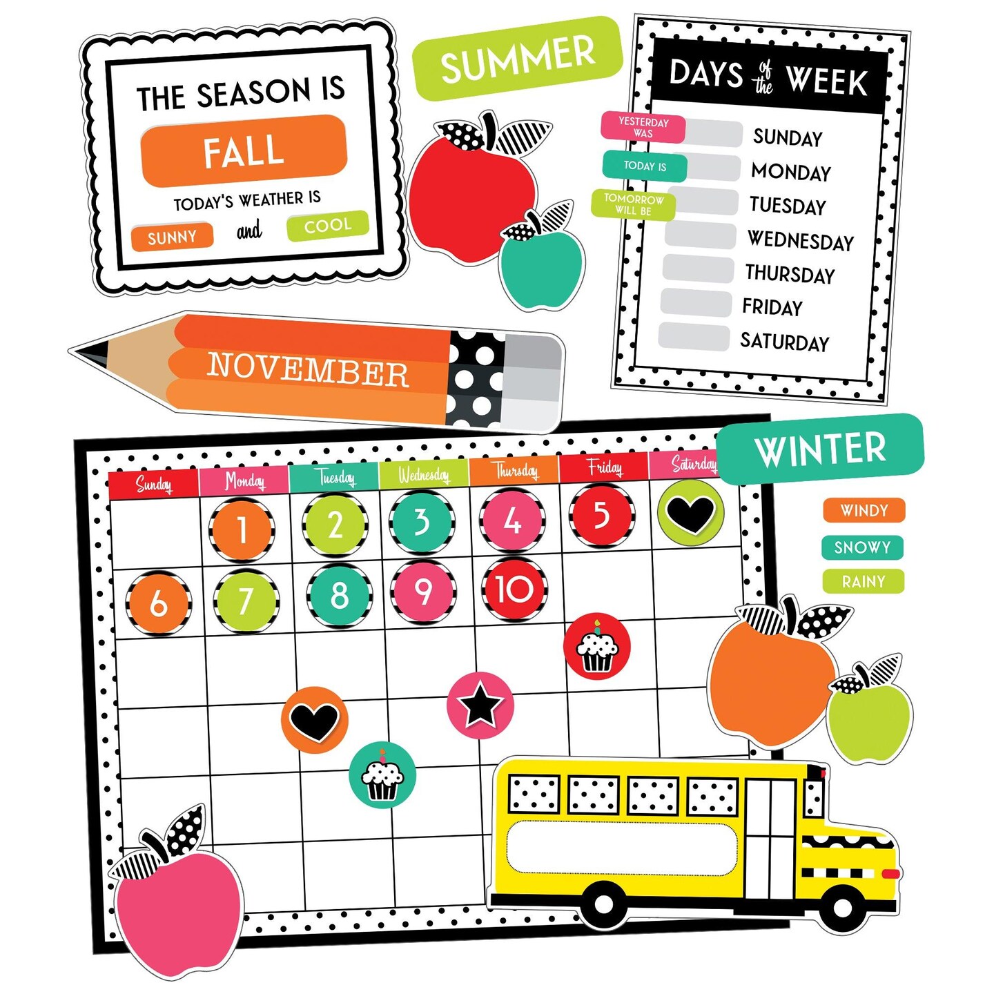 Black, White &#x26; Stylish Brights Calendar Bulletin Board Set