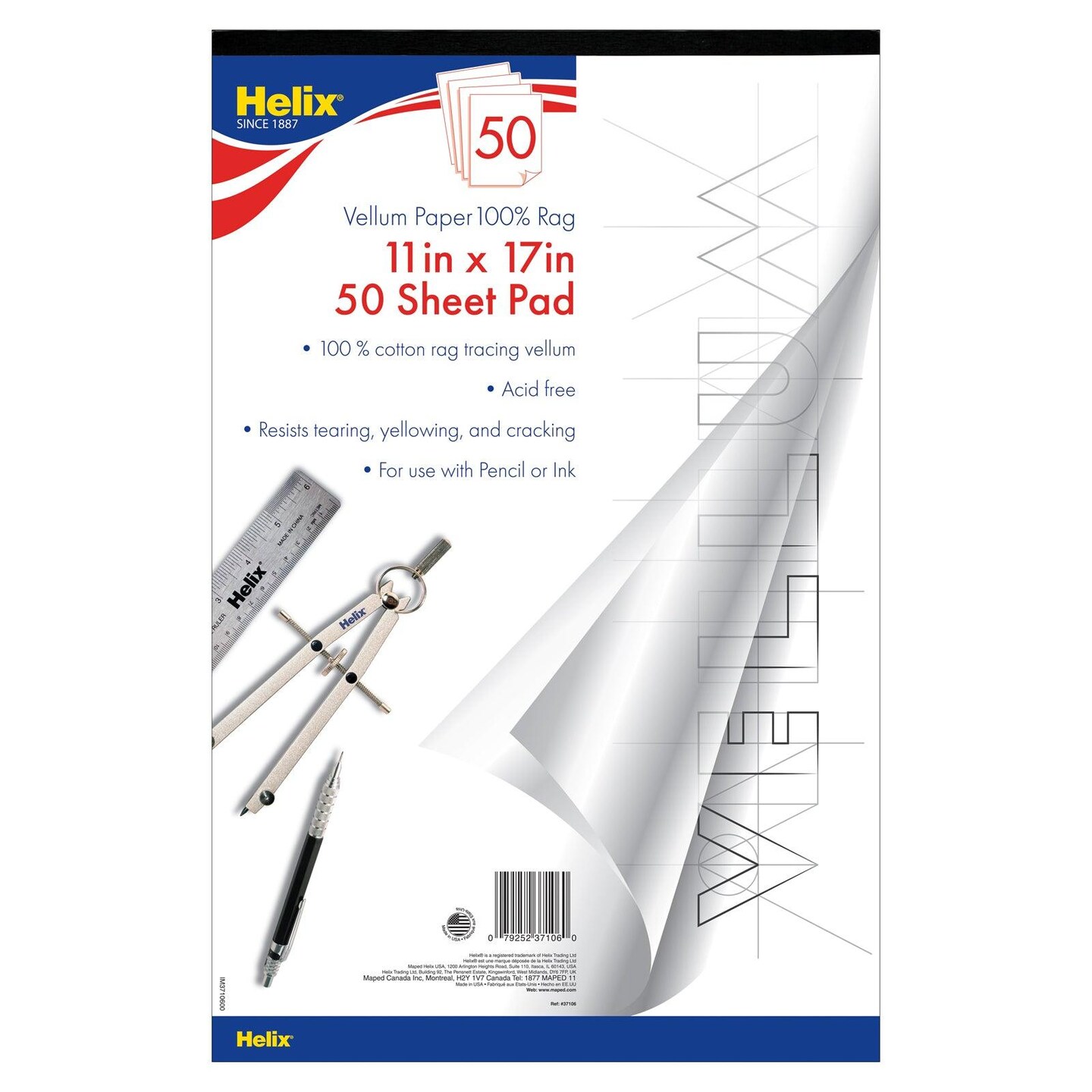Vellum Paper Pad, 100% Rag, 11&#x22; x 17&#x22;, 50 Sheets