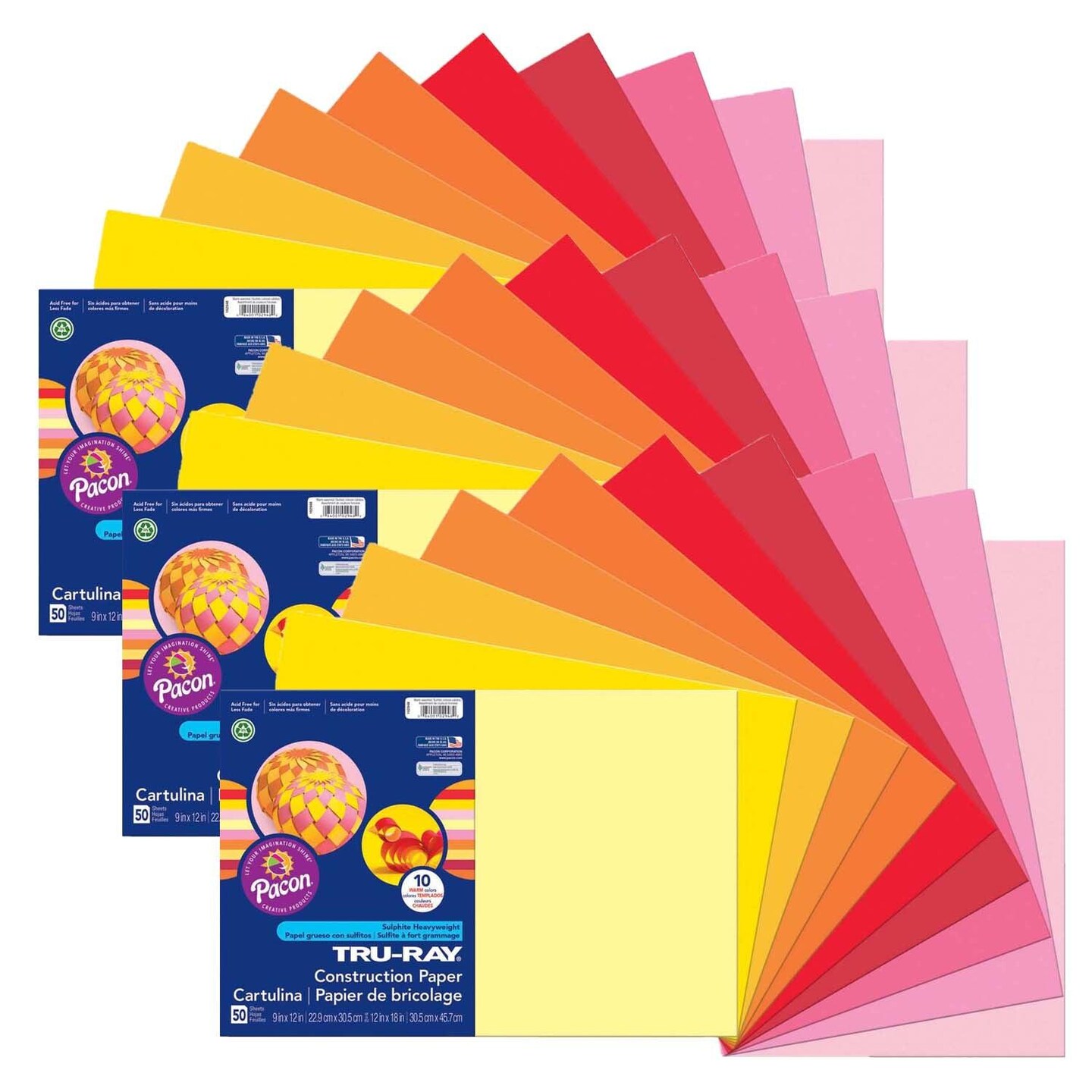 Construction Paper, Warm Assorted, 12&#x22; x 18&#x22;, 50 Sheets Per Pack, 3 Packs