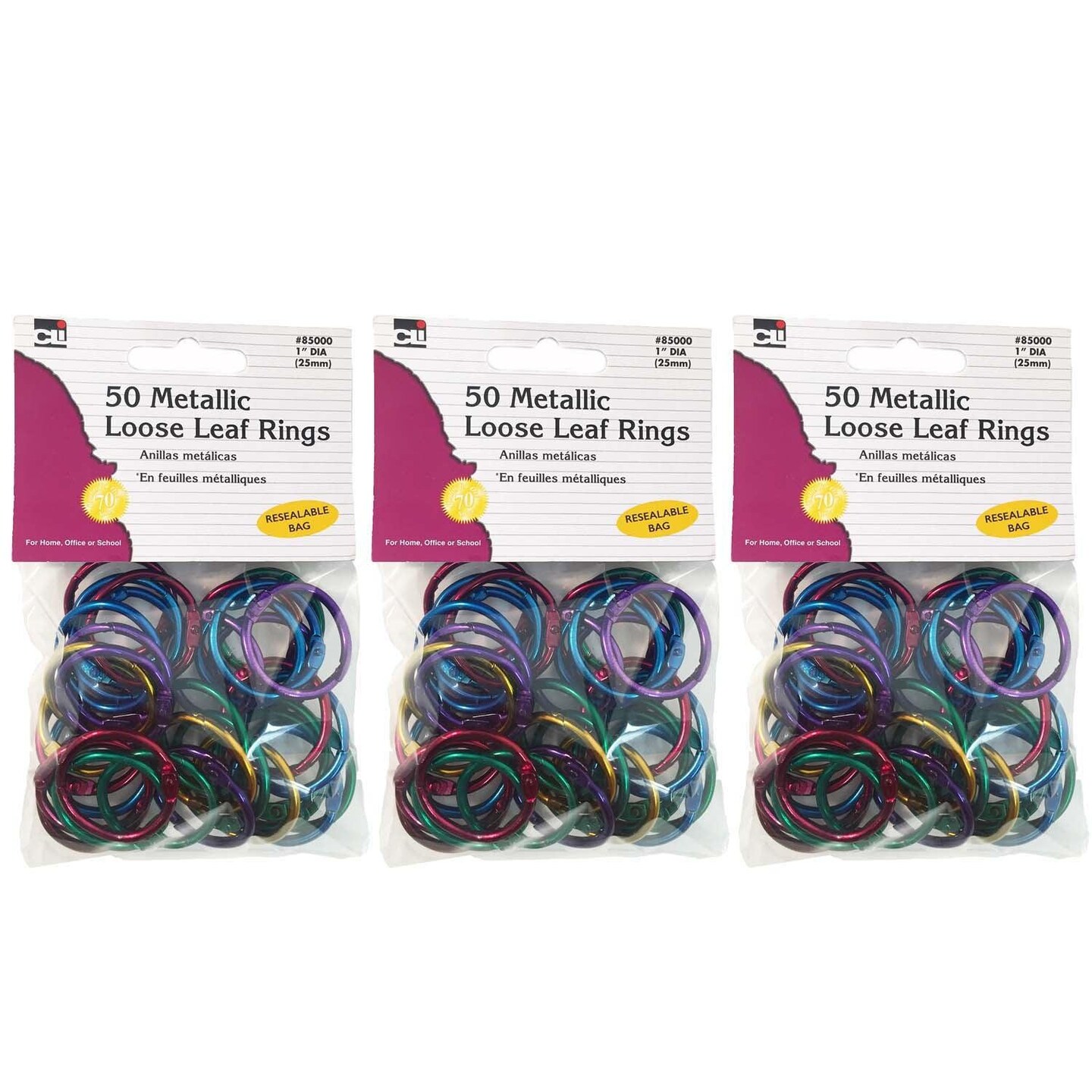 Metallic Book Rings, 1&#x22;, Assorted Colors, 50 Per Pack, 3 Packs