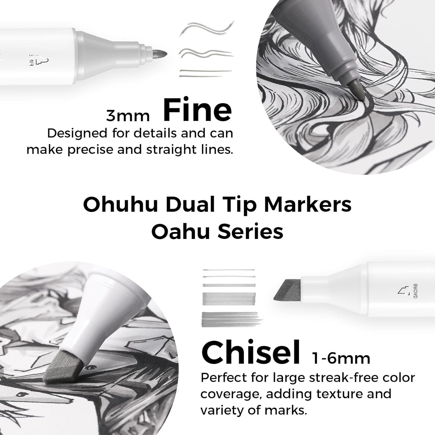Ohuhu Alcohol Markers Gray Tone- Double Tipped Alcohol Based Art Marker Set for Artist Adults Coloring Shading Layering- 36 Grayscale Colors- Chisel &#x26; Fine- Oahu of Ohuhu Markers- Refillable