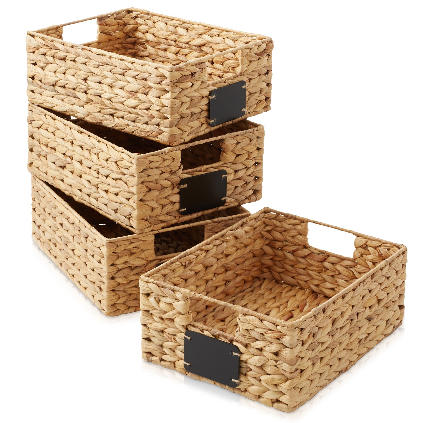 Casafield Water Hyacinth Pantry Baskets with Chalkboard Labels and Chalk Marker, Woven Storage Bin Organizers for Kitchen Shelves