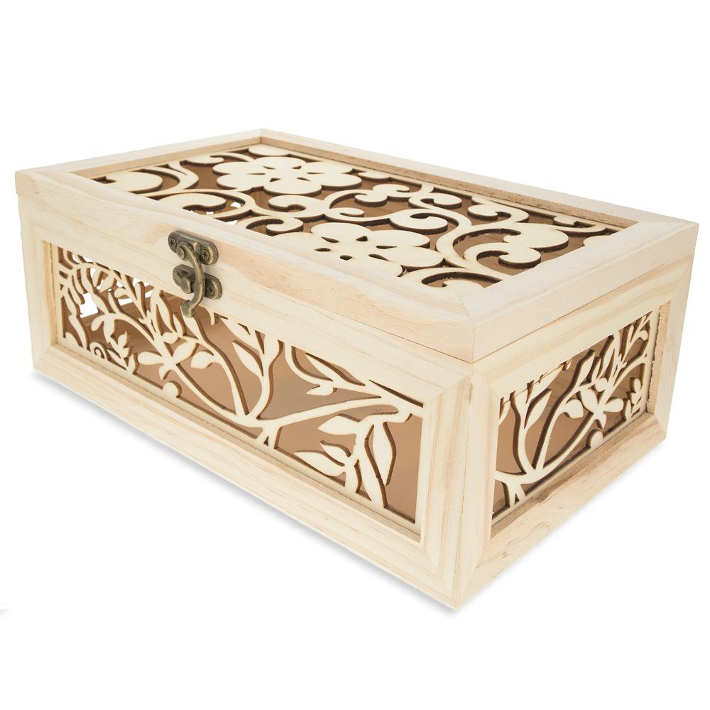 Unfinished Carved Wooden Jewelry or Storage Trinket Gift Box Chest with ...