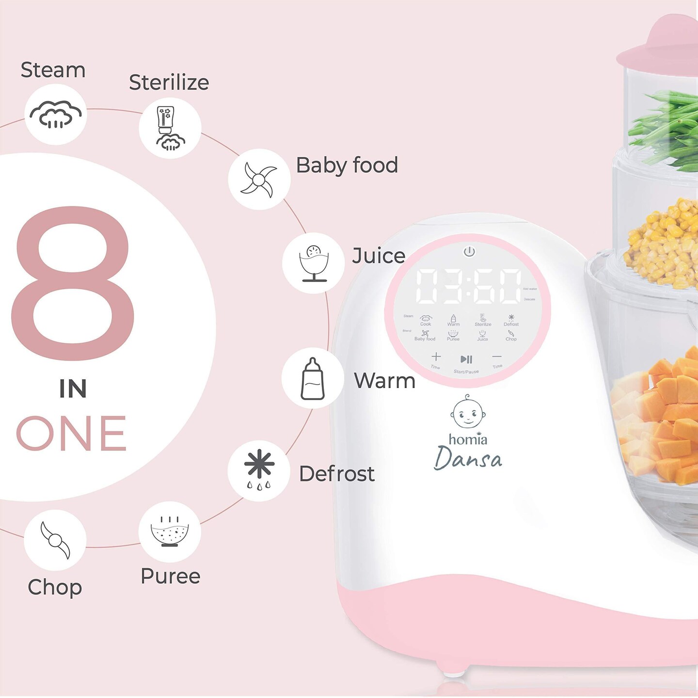 Baby Food Maker Chopper Grinder  Mills and Steamer 8 in 1 Processor for Toddlers  Steam Blend Chop Disinfect Clean 20 Oz Tritan Stirring Cup Touch Control Panel Auto ShutOff 110V Only