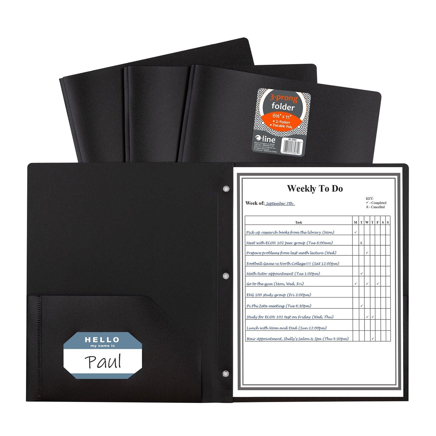 Two-Pocket Heavyweight Poly Portfolio Folder with Prongs, Black, Pack of 25