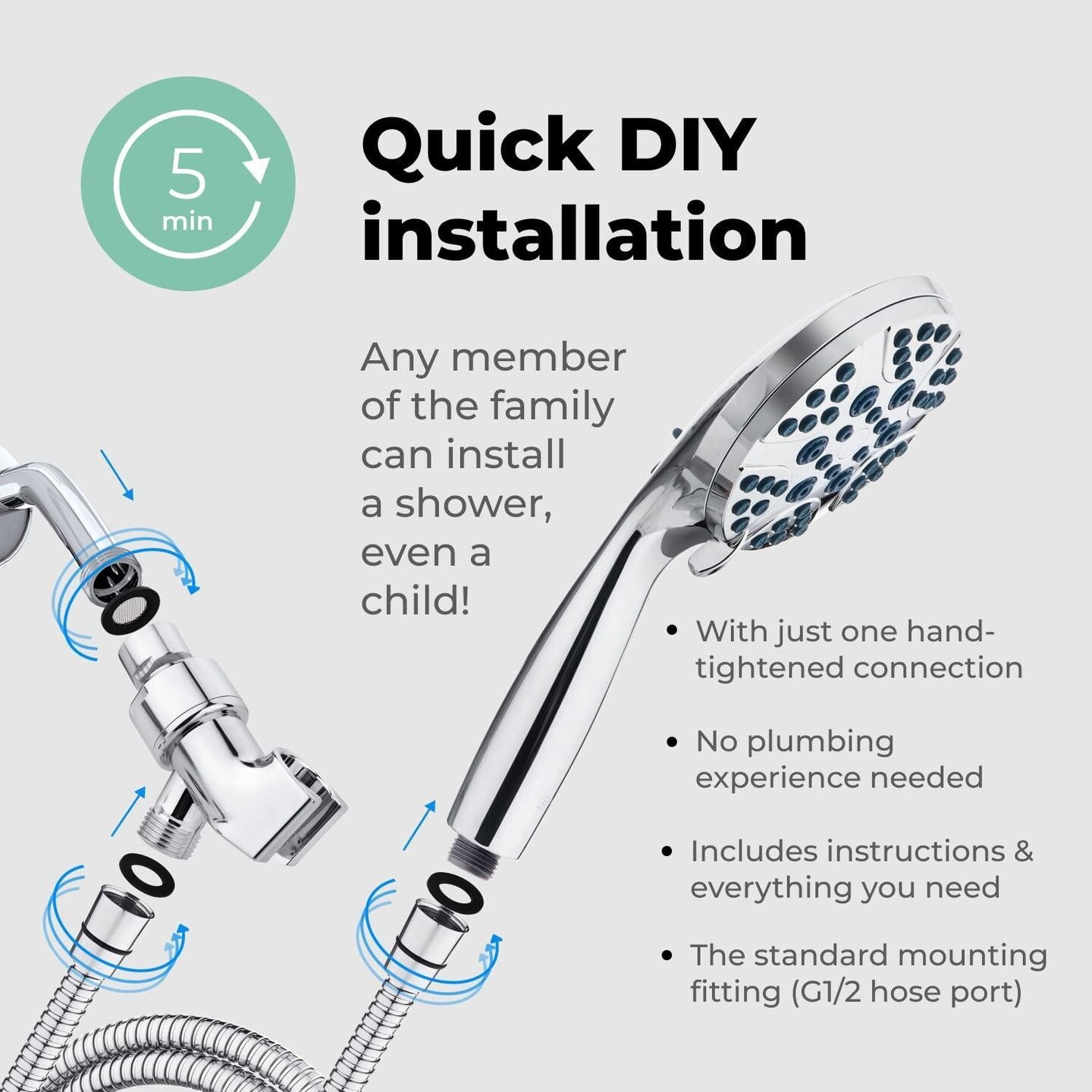 High Pressure Shower Head with Handheld   8 Spray Settings High Flow Removable Shower Head with Hose   Handheld Showerhead   59  Stainless Steel Shower Head Hose   Chrome