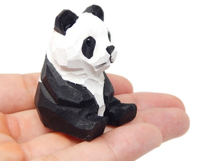 Panda Bear Small Wooden Figurine Statue Carving Handmade Decor
