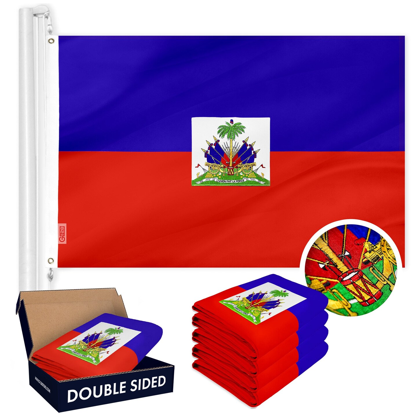 G128 5 PACK: Haiti Haitian Flag 3x5 Ft Double Sided Embroidered 210D Indoor/Outdoor, Brass Grommets, Heavy Duty Polyester